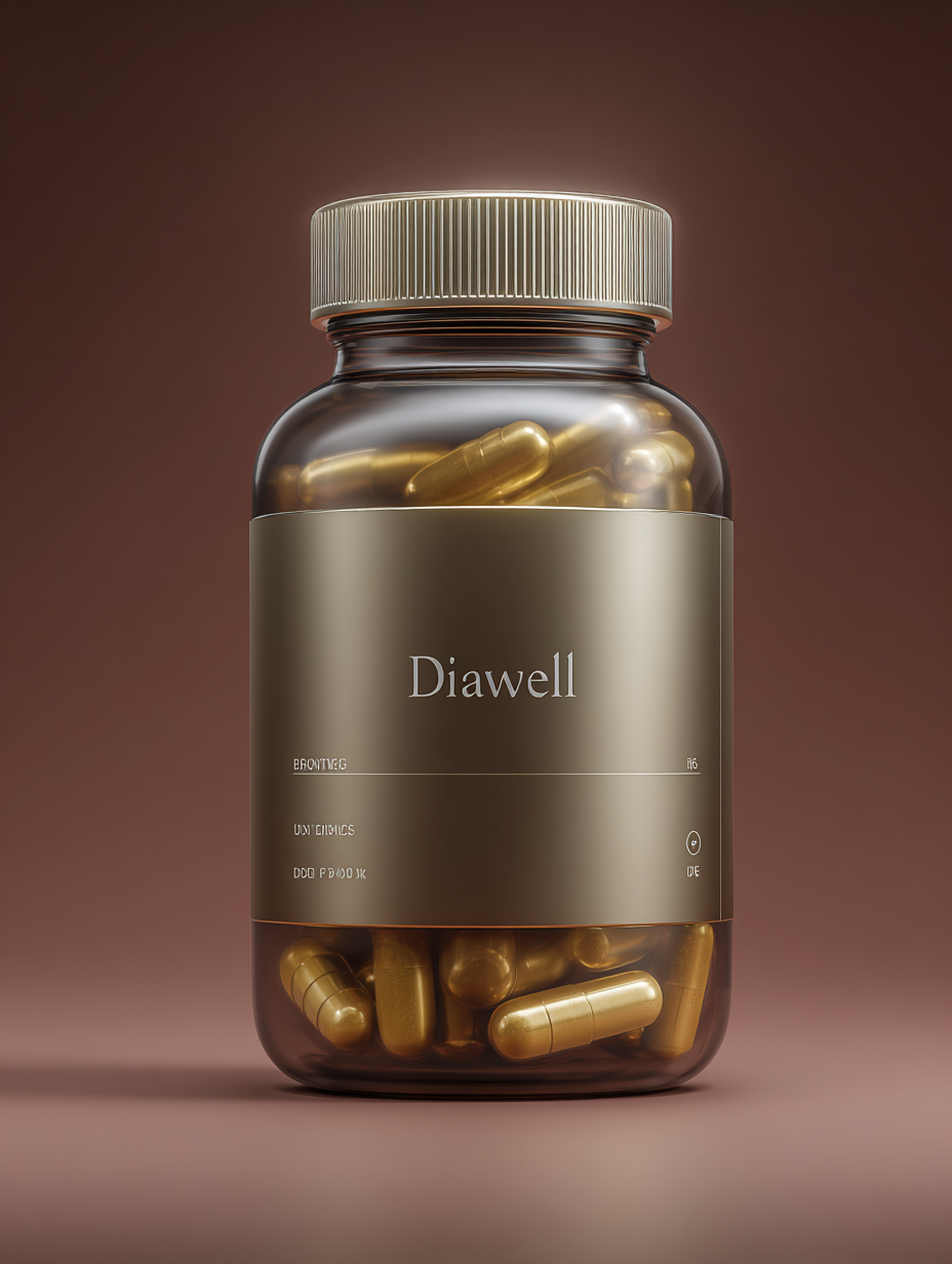 Diawell পণ্যের প্যাকেজ - রক্তে গ্লুকোজের মাত্রা নিয়ন্ত্রণের জন্য প্রাকৃতিক সাপ্লিমেন্ট, ৬০টি ক্যাপসুল সহ নিরপেক্ষ পটভূমিতে